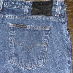 Harley Davidson Motorcycle Blue Jeans RN103819 Women Sz 14 Pet Stretch 32”inseam